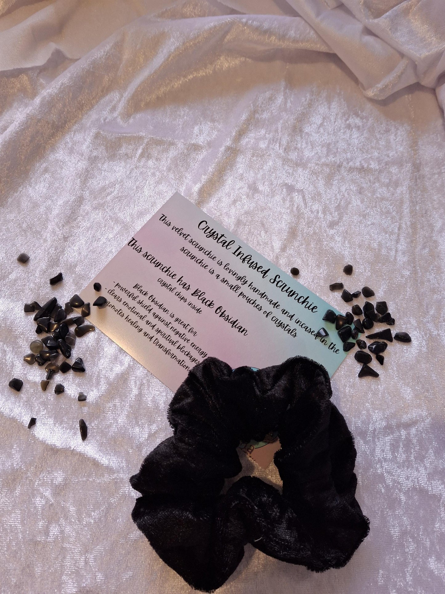 Handmade crystal infused velvet scrunchies