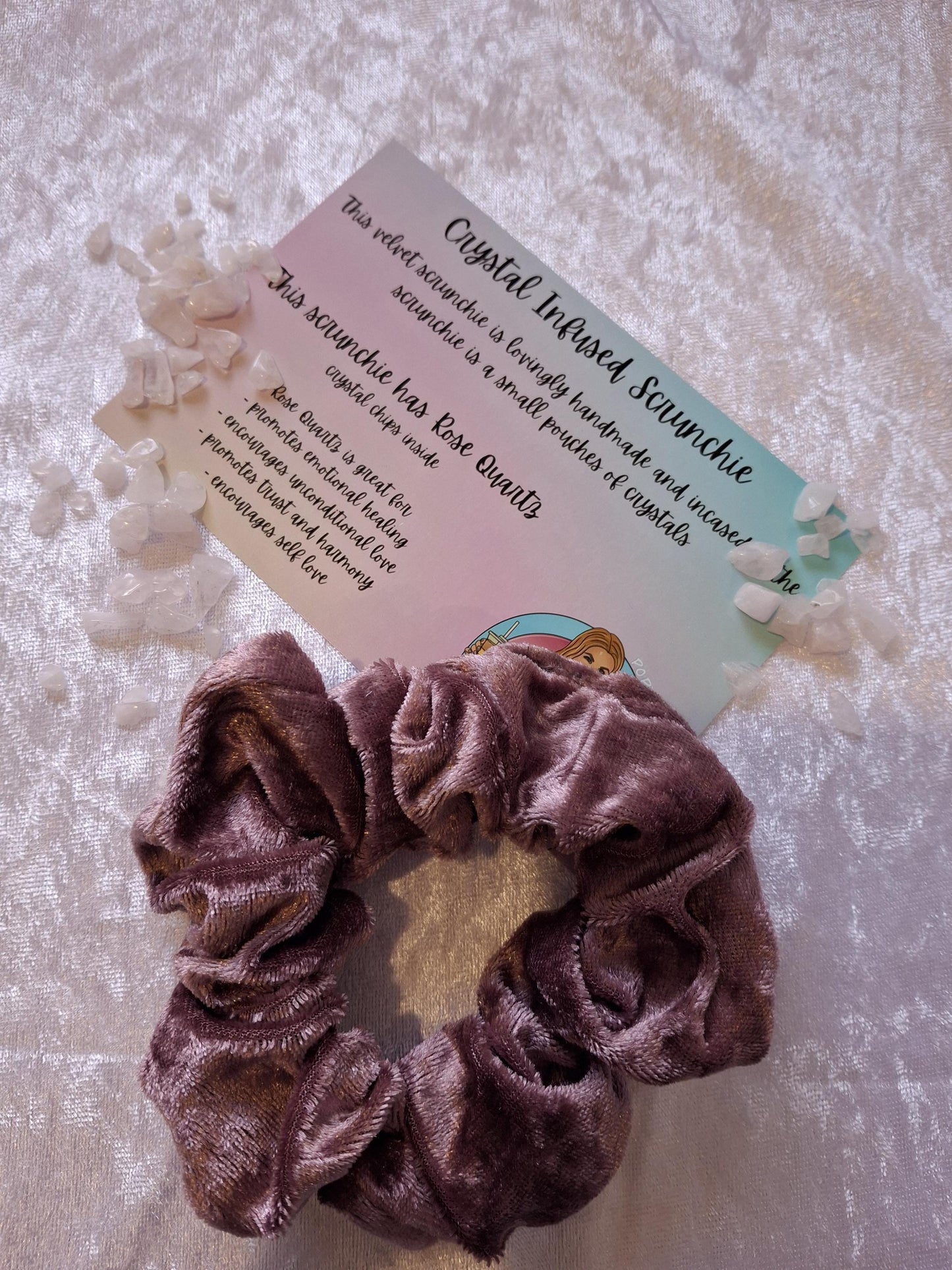 Handmade crystal infused velvet scrunchies