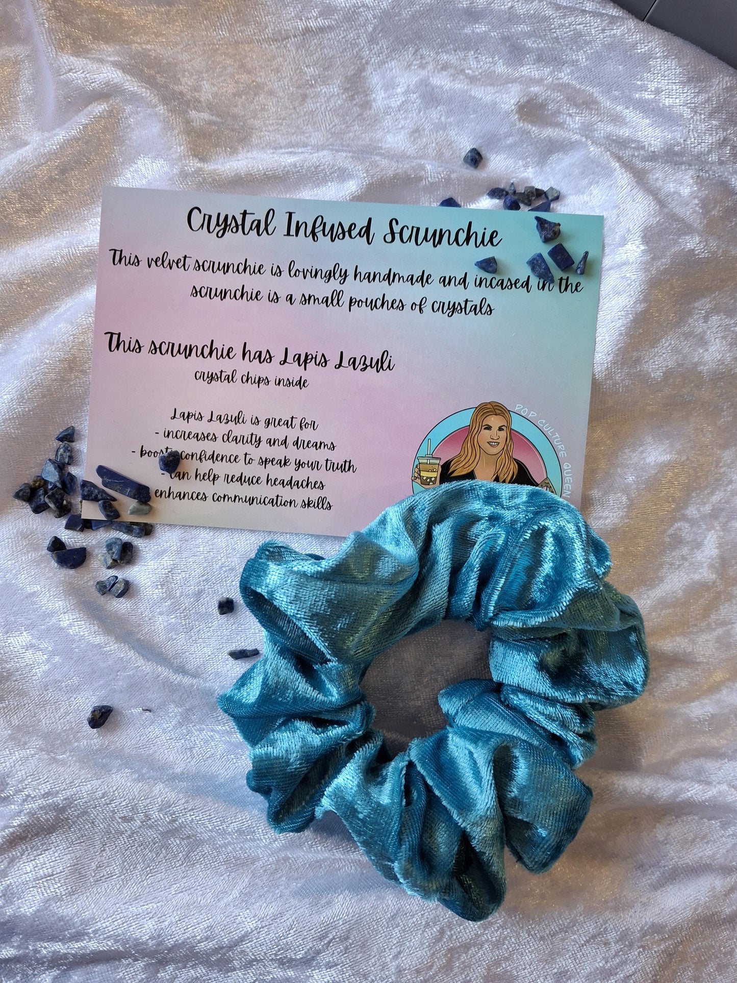 Handmade crystal infused velvet scrunchies