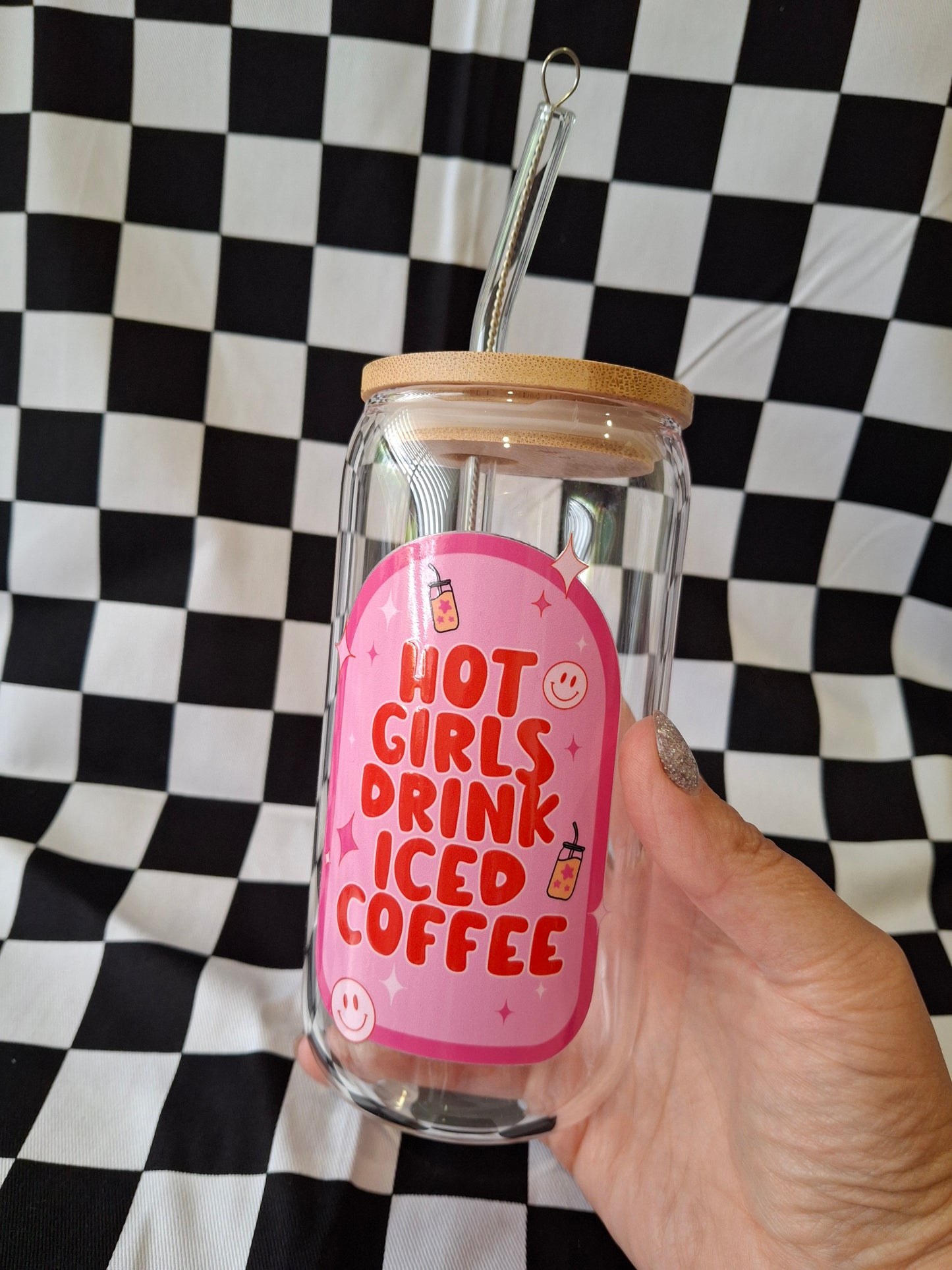 Hot girls drink iced coffee Glass Tumbler