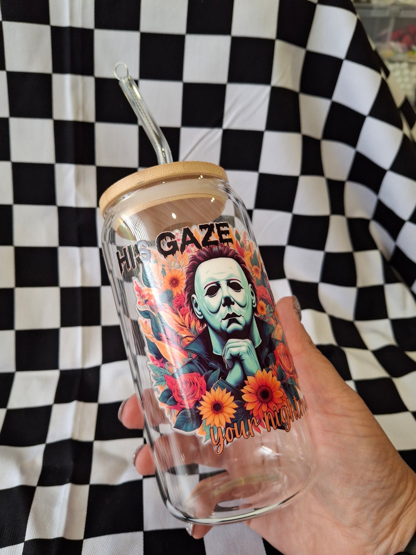 His gaze, your nightmare, Michael Glass Tumbler