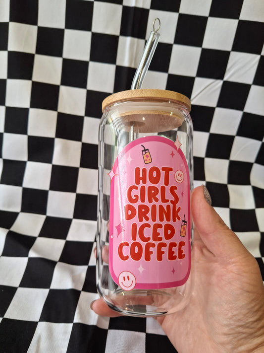 Hot girls drink iced coffee Glass Tumbler